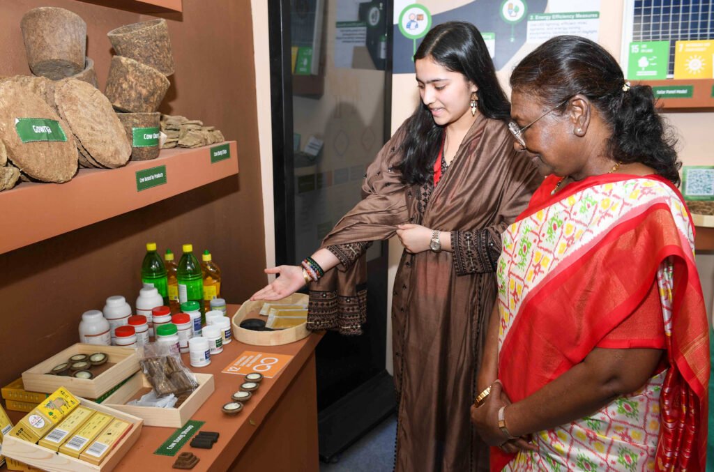 New Delhi: President of India, Droupadi Murmu visits an exhibition during the 7th foundation day of All India Institute of Ayurveda (AIIA), in New Delhi on Wednesday, October 9, 2024. (Photo: IANS)