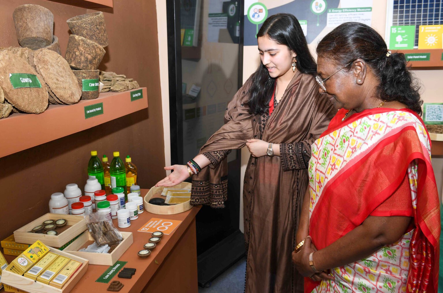 New Delhi: President of India, Droupadi Murmu visits an exhibition during the 7th foundation day of All India Institute of Ayurveda (AIIA), in New Delhi on Wednesday, October 9, 2024. (Photo: IANS)