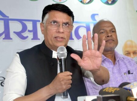 Patna: Congress leader Pawan Khera addresses a press conference in Patna on Sunday, March 23, 2025. (Photo: IANS)